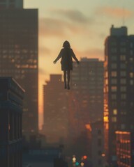 Poster - A woman flying through the air in a city at sunset. Generative AI.