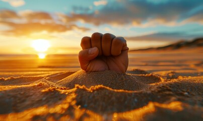 Poster - A hand sticking out of the sand at sunset. Generative AI.