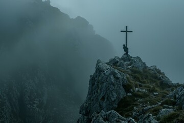 Wall Mural - A cross on top of a mountain with fog and clouds. Generative AI.