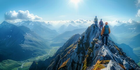 Poster - Three people are standing on top of a mountain with the sun shining down. Generative AI.