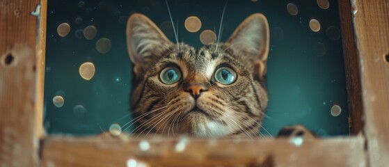 Wall Mural - A cat looking up at the camera with bubbles in front of it. Generative AI.