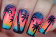 Close-up of beautifully painted nails with a tropical sunset and palm tree design, perfect for summer vibes
