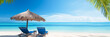 Concept banner tourism, lux travel place for relax on tropical. Panorama sunny tranquil beach scene, with azure waters, under bright blue umbrella.