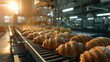 Golden Croissants on Conveyor Belt in Modern Bakery at Sunrise