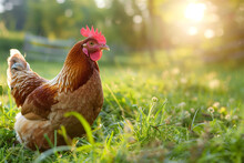 A Brown Hen Standing At The Meadow On A Traditional Poultry Farm. Eco Farming And Farm Animals Concept.