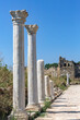 Ancient marble columns under clear blue sky in Side's ruins. Side, Antalya, Turkey (Turkiye)