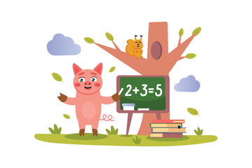 Poster - Great work concept with character scene in flat cartoon design. A cute pig solves a math problem in front of the blackboard. Vector illustration.