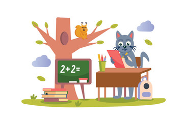 Poster - Homework concept with character scene in flat cartoon design. A cat teacher checks the homework of her students. Vector illustration.