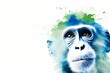 A playful monkey face in green and blue on a white background