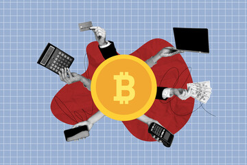 Creative collage picture human arms holding smartphone device digital online payment buy purchase computer terminal bitcoin trading