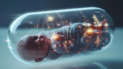Wall Mural - Futuristic Artificial Intelligence Baby in Capsule, pill with Fertilization AI. Concept Birth and appearance of children in future.