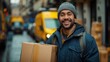 A smiling delivery man carrying cardboard boxes , parcel delivery service, Generative Ai