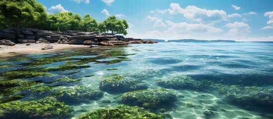 Wall Mural - A serene coastal scene featuring a shoreline with scattered rocks, lush green trees, and the calming presence of the ocean