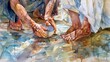 Intricate depiction of biblical foot washing ritual - This image vividly captures the detail and emotion involved in the humble act of washing another's feet