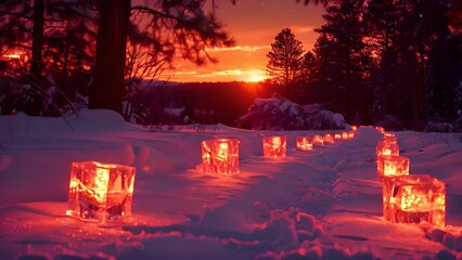 Sticker - ice lanterns in the snow in winter at sunset. 