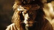 Stoic lion in regal attire glancing away - Majestic portrait of a stoic lion in regal attire, reflecting nobility and a contemplative gaze