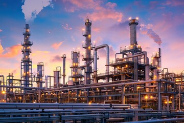 industrial chemical plant with pipes and smoke