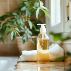 Wall Mural - Ceramic shampoo, soap bottle and towels on counter over bathroom background. table top and copy space