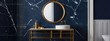 Bathroom wall mockup with marble vanity and towels on navy blue wall background. Change the colors and make each prompt different.