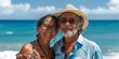 Senior man and woman in summer hats share a joyous moment on a bright beach. Generative Al