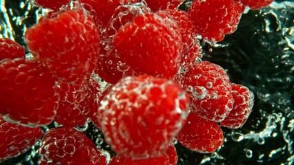 Fototapete - Super Slow Motion of Falling Raspberries Into Water on Black Background. Filmed on High Speed Cinema Camera, 1000 fps. Speed Ramp Effect.