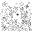 Square kids coloring book with unicorn and flowers. Cartoon animal in nature. Simple childish vector illustration.
