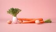 Creative composition with carrots and eggs on pastel pink background. Balanced diet concept.
