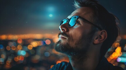 Canvas Print - A man with glasses looking up at the city lights, AI