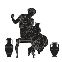 Wall Mural - An ancient Greek woman sits on a chair and holds a jug of wine in her hands. Figure isolated on white background