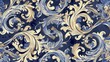 Ornamentation of the Renaissance period combine swirling foliage, acanthus leaves, and classical figures in a pattern that primarily uses blue and beige created with Generative AI Technology