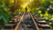 Miniature toy man standing on railroad track in forest, track, forest, outdoors