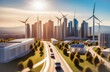 wind turbines against the background of a modern developed city . solar panels on buildings. eco-friendly production of resources. technologies of the future