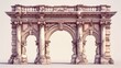 An illustration of ancient architecture featuring stone arches, columns, gates, pillars, and decorative frames for interior or exterior use, resembling a palace or castle entrance.