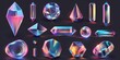 Assortment of iridescent forms. Curved cone gem and more. Ornamental accents for online and print design. 3D rendering.