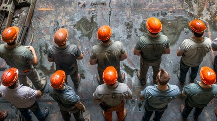 Sticker - A group of men wearing orange hard hats stand in a line, AI