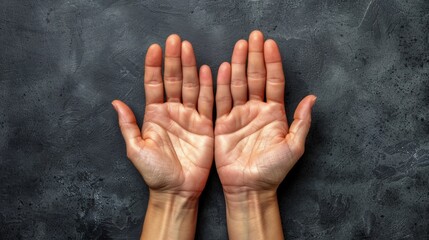 Canvas Print - Two hands are open and facing each other on a gray background, AI