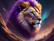 Löwen Kopf mit lila Mähne im Profil