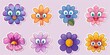 Funky floral cartoon figures. Playful cheerful daisy with a face and grin. Set of stickers in popular vintage psychedelic design. Standalone drawing. Bohemian sixties seventies fashion.