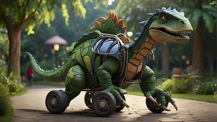 Wall Mural - A carefully constructed stroller in the form of a dinosaur is situated along the park's route in a beautiful environment. The baby carriage is fashioned like a dinosaur; every intricate element has be