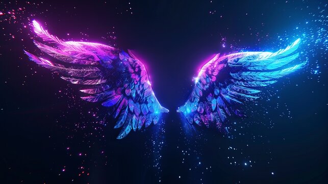 Angel wings, abstract neon background.