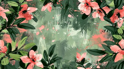 Wall Mural - A fluid floral design featuring a weathered, distressed background in shades of pink and green, ideal for fabric, cards, and wallpaper.