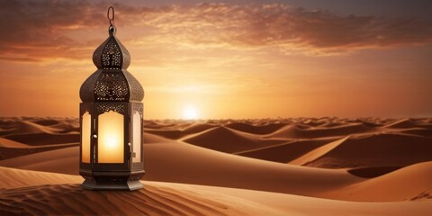 Wall Mural - arabic lantern on sand desert on sunset background, Ramadan background