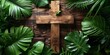 Symbol of Palm Sunday: Wooden cross with palm leaves and green coconut leaves on a white background. Concept Religious Symbolism, Palm Sunday, Wooden Cross, Palm Leaves, Green Coconut Leaves