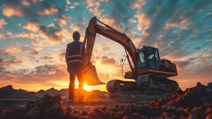 Wall Mural - engineer stands on the job site with heavy machinery in the background