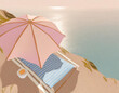 sunchair with umbrella at the ocean in earth tone colors