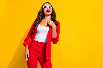 Canvas Print - Photo of young pretty woman gorgeous outfit eyewear look empty space isolated over yellow color background