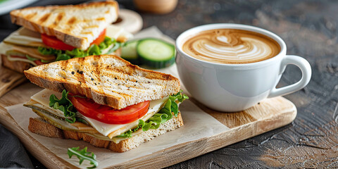 white cup with coffee, sandwiches, on a light wooden board
