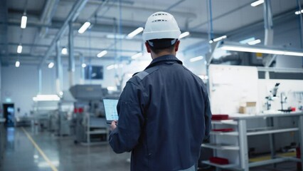 Aufkleber - Engineer in Hardhat Walking and Using a Laptop Computer at Electronics Manufacturing Factory. Adult Technician Analyzing Technical Blueprint, Working on Research and Development. Footage From the Back