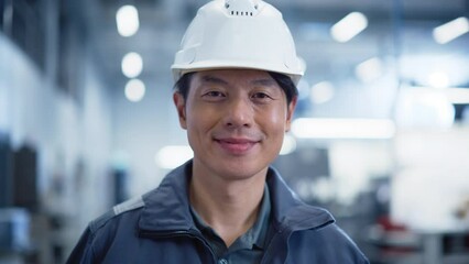 Leinwandbilder - Close Up Portrait of a Male Facility Technician Standing in Hallway, Posing and Looking at Camera. Happy Asian Industrial Specialist Wearing a Hard Hat, Working in a Manufacturing Plant