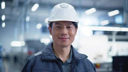 Leinwandbilder - Technician in a Hardhat Working at an Industrial Factory with Heavy Machinery Producing Electronics Hardware. Portrait of an Adult Asian Male Production Supervisor Looking at Camera And Smiling